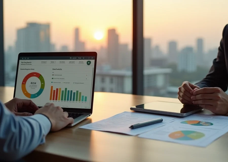 Assessoria financeira analisando perfil de risco em consulta com investidor