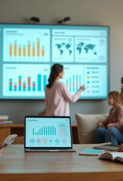 Família analisando planejamento financeiro em tela digital grande