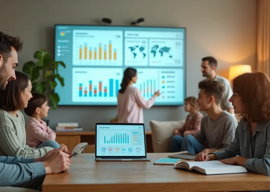 Família analisando planejamento financeiro em tela digital grande