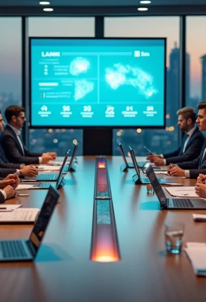Conselho analisando gráficos financeiros em sala de reuniões moderna