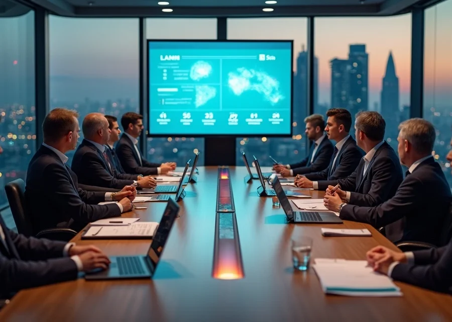 Conselho analisando gráficos financeiros em sala de reuniões moderna