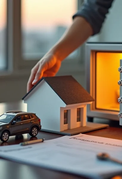 Mãos protegendo uma miniatura de casa e carro ao lado de um cofre