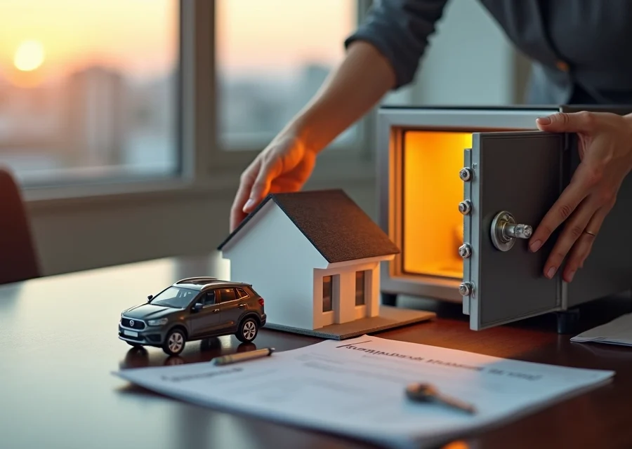 Mãos protegendo uma miniatura de casa e carro ao lado de um cofre