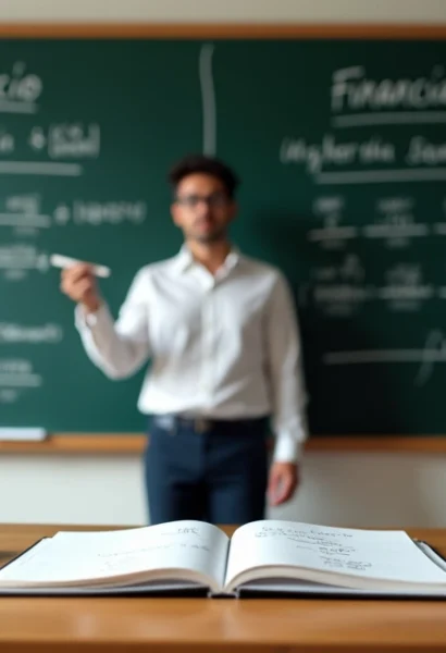 Professor explicando consórcio e financiamento com cálculos em quadro negro