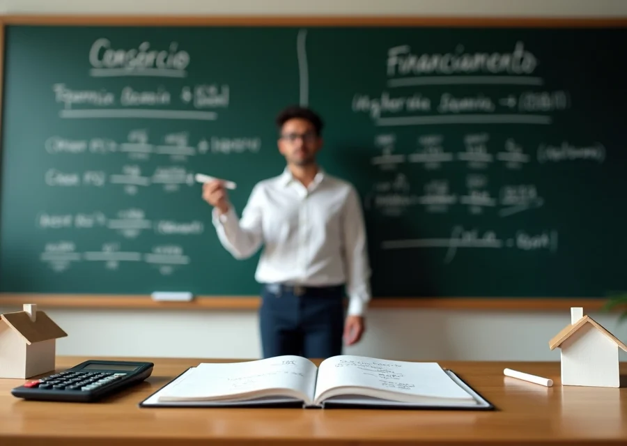 Professor explicando consórcio e financiamento com cálculos em quadro negro
