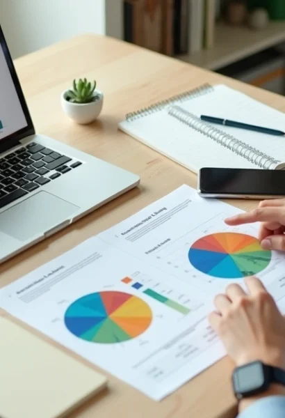 Jovem analisando gráficos de investimentos coloridos em mesa com notebooks e apontamentos escritos à mão