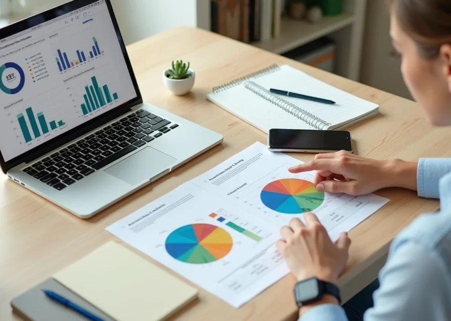 Jovem analisando gráficos de investimentos coloridos em mesa com notebooks e apontamentos escritos à mão