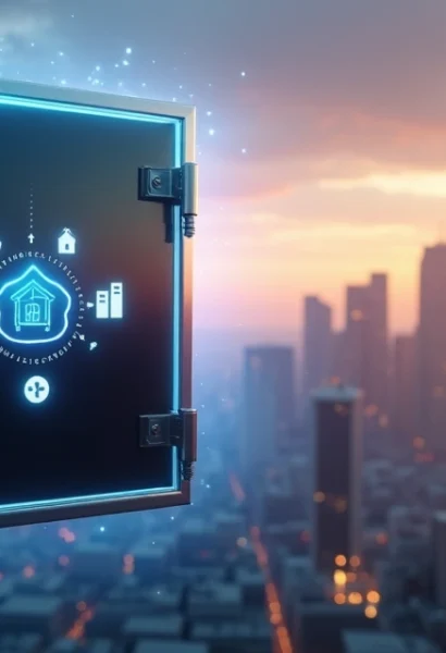 Cofre digital flutuando sobre cidade protegida por cúpula de luz azul