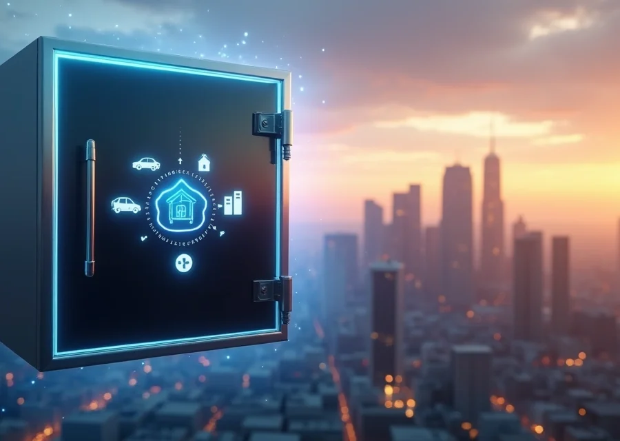 Cofre digital flutuando sobre cidade protegida por cúpula de luz azul